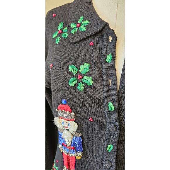 Vtg Christmas Cardigan Sweater Petite Small Victoria Jones Beaded 3D Nutcrackers - Picture 4 of 10